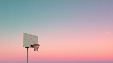 A solitary basketball hoop stands against a beautifully colored sky at dusk, capturing a moment of tranquility and solitude in an urban environment.の素材