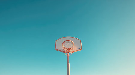 A solitary basketball hoop stands against a bright blue sky, representing sports and recreation. Perfect for themes of fitness, athletes, and urban activities.の素材