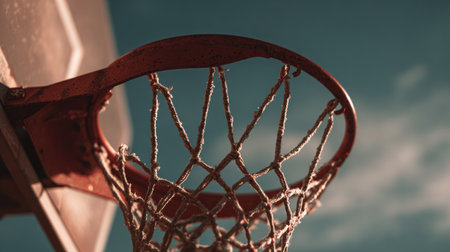 A detailed view of a basketball hoop against a bright blue sky, capturing the essence of the sport. The net hangs taut, inviting players to take their shot.の素材