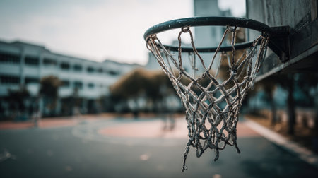 A close-up view of a weathered basketball hoop and net set against a vibrant playground scene, capturing the energy of players engaged in basketball activity.の素材