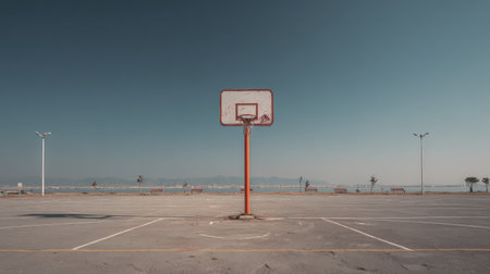 A serene and minimalistic view of an empty basketball court featuring a lone hoop. The expansive blue sky contrasts with the urban landscape, evoking tranquility.の素材