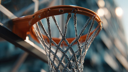 A detailed close-up of a basketball hoop showcasing the net and vibrant surroundings, perfect for illustrating themes related to sports, competition, and urban life.の素材