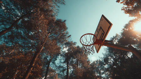 A stunning view of a basketball hoop framed by tall trees, capturing the essence of outdoor sports. Sunlight filters through the leaves, enhancing the scene.の素材