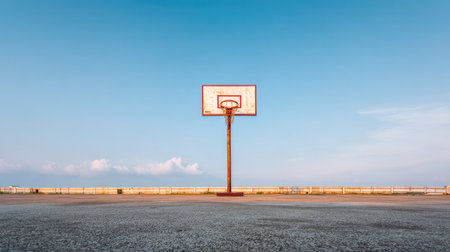 An empty basketball court with a single hoop under a vast blue sky, creating a tranquil setting perfect for sports-themed projects and peaceful landscapes.の素材