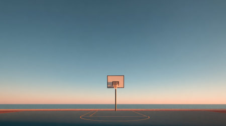 A serene basketball court located by the sea captures the essence of tranquility. The empty space invites sports lovers and nature enthusiasts to reflect and enjoy the view.の素材