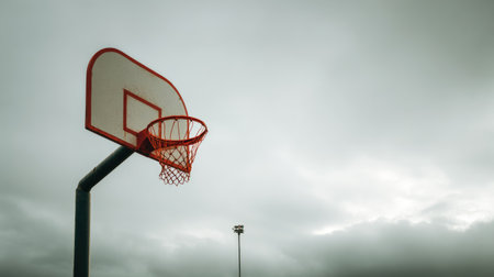 A striking image of an empty basketball hoop against a dramatic cloudy sky, evoking feelings of anticipation and the thrill of outdoor sports in uncertain weather.の素材