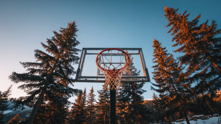 A vibrant basketball hoop set against a scenic backdrop of evergreen trees and a clear blue sky during sunset, capturing the essence of outdoor sports and nature.の素材