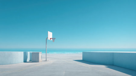 A serene basketball court overlooking the tranquil ocean, capturing the essence of summer days with clear blue skies and gentle waves, perfect for leisure activities.の素材