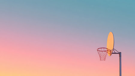 A serene basketball hoop stands against a colorful sunset sky, embodying urban tranquility. This image captures the essence of evening sports vibes and inspired outdoor play.の素材