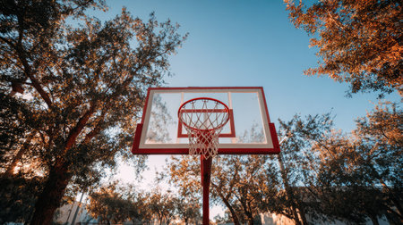 A striking image of a basketball hoop positioned among lush trees, capturing the essence of outdoor sports. The clear blue sky enhances the peaceful atmosphere, inviting play.の素材