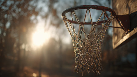 A nostalgic view of a vintage basketball hoop at sunset, set in an abandoned court framed by trees. This image captures the beauty of sport in an empty, tranquil environment.の素材