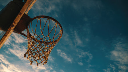 Enjoy the view of a basketball hoop silhouetted against a stunning dusk sky, evoking the thrill of outdoor games and summer evenings under changing colors.の素材