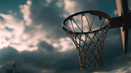 This captivating image showcases a basketball hoop silhouetted against a dramatic sky filled with clouds, evoking a sense of outdoor sports and competition.の素材