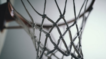 A detailed close-up view of a basketball hoop net, emphasizing the texture and knot pattern, showcasing the spirit of sports and athletic endeavors in an engaging composition.の素材