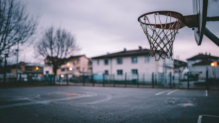 An empty basketball court under a gloomy sky, capturing the tranquility of an urban neighborhood at dusk, with nearby residential buildings and subtle lighting.の素材
