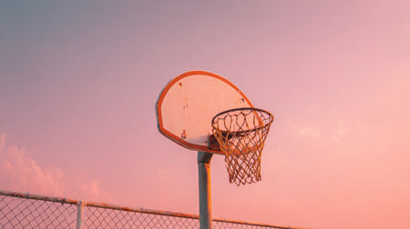 A nostalgic scene featuring a basketball hoop against a vibrant sunset sky, surrounded by a chain link fence, capturing the essence of youthful recreation and memories.の素材