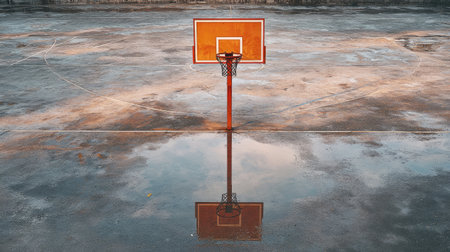 This captivating image features a basketball hoop standing alone on a wet court, reflecting a tranquil scene after rain, evoking memories of outdoor sports.の素材