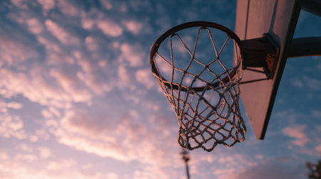 A stunning view of a basketball hoop silhouetted against a colorful dusk sky with dramatic clouds, capturing the essence of sports and outdoor recreation.の素材
