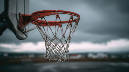 A striking image of an empty basketball hoop against a moody and cloudy sky, capturing the essence of sports culture and outdoor leisure activities in a dramatic setting.の素材