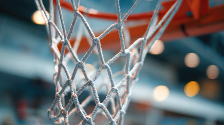 This close-up image captures the intricacies of a basketball hoop net, showcasing the detailed twine work against a softly blurred gymnasium background filled with lights.の素材