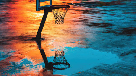 A captivating image showcasing a basketball hoop silhouetted against a colorful sunset, with vibrant reflections on a wet court, creating an artistic atmosphere.の素材