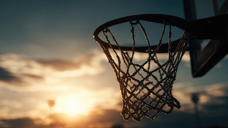 A stunning silhouette of a basketball hoop against a colorful sunset sky, showcasing the spirit of urban sports and the joy of leisure activities outdoors.の素材
