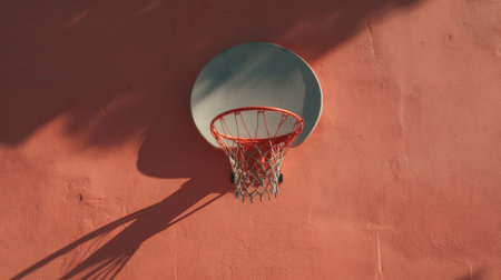 A basketball hoop juxtaposed against a textured pink wall creates a striking visual. The warm sunlight casts an expressive shadow, adding depth to the scene.の素材
