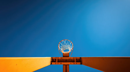 This exceptional image showcases a basketball hoop framed against a bright blue sky, offering a vibrant view that captures the essence of outdoor sports and recreation.の素材