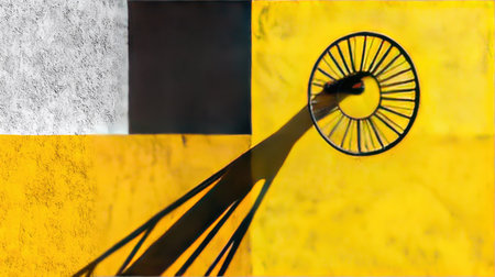This captivating abstract image blends vibrant yellow and gray shapes, showcasing a circular shadow that adds depth and intrigue to the composition. Perfect for creative projects.の素材