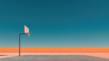 A minimalist view of an empty basketball court featuring a hoop and a vibrant orange wall, set against a tranquil blue sky, emphasizing simplicity and calmness.の素材