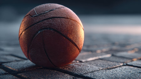 A detailed close-up of a wet basketball positioned on a cobblestone surface, highlighting its textured surface and the interplay of light, ideal for sports themes.の素材