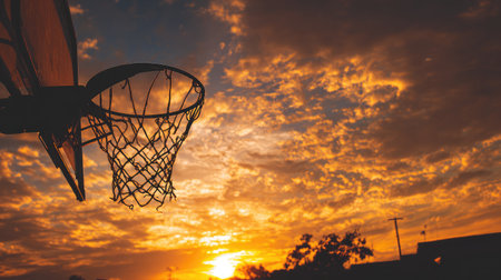 A captivating silhouette of a basketball hoop against a colorful sunset sky, symbolizing the joy of outdoor sports and the beauty of nature during twilight hours.の素材