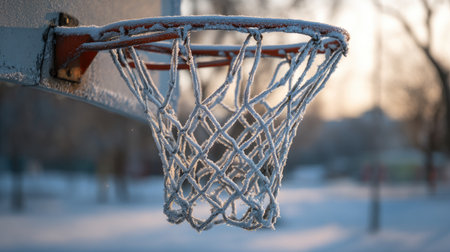 A beautifully frosted basketball hoop awaits in a serene winter park scene. The icy net and tranquil snow-covered ground reflect the beauty of winter sports.の素材