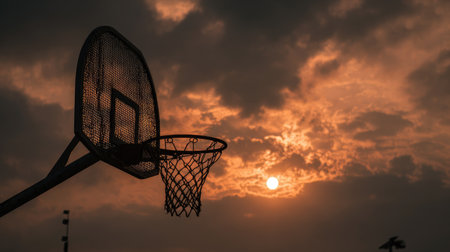This image captures a basketball hoop silhouetted against a stunning sunset sky, showcasing vibrant colors and dramatic cloud formations, perfect for sports themes.の素材