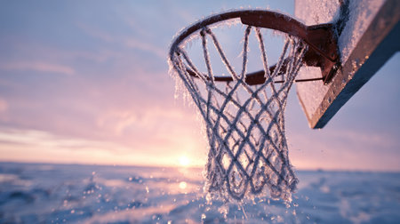 A frozen basketball hoop stands tall against a stunning winter sunset, showcasing the beauty of nature and the serenity of a snowy landscape at dusk.の素材