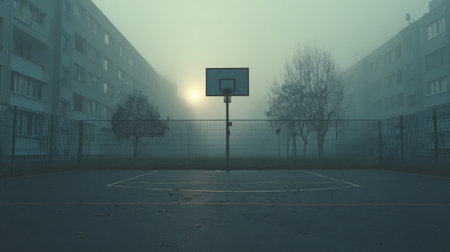 An empty basketball court shrouded in fog at sunrise creates a haunting, yet serene urban scene with surrounding apartment buildings disappearing in mist.の素材