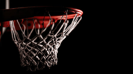 This close-up image showcases a basketball hoop and net against a dark background, perfect for sports enthusiasts and fitness content or promotional material.の素材