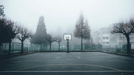 An empty basketball court shrouded in fog creates a tranquil and moody urban scene. Trees and buildings fade into the mist, enhancing the sense of isolation.の素材