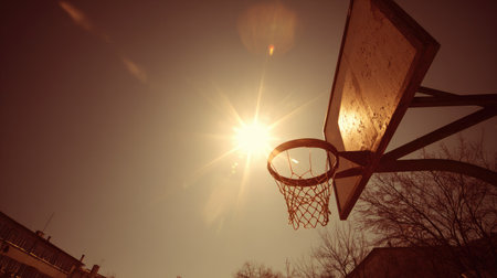 A captivating low angle view of a basketball hoop illuminated by bright sunlight against a clear sky. The scene captures the essence of outdoor sports and leisure activities.の素材