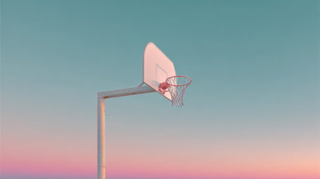 A basketball hoop stands alone against a stunning backdrop of a sunset sky, casting vibrant colors that inspire play and creativity in an outdoor setting.の素材