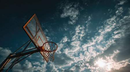 A striking silhouette of a basketball hoop against a vibrant sky filled with clouds and warm sunlight at sunset, perfect for sports and outdoor activities.の素材