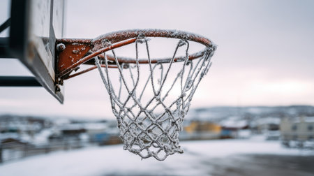 A serene basketball hoop covered in frost stands amid a snowy court, offering a unique view of winter's beauty contrasting with colorful urban buildings.の素材
