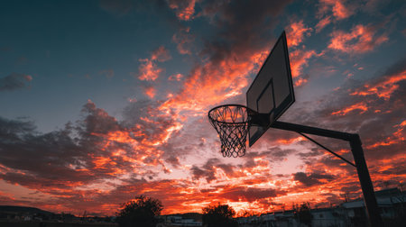 A striking silhouette of a basketball hoop against a vibrant sunset sky, showcasing dynamic clouds and rich colors, perfect for sports and outdoor enthusiasts.の素材