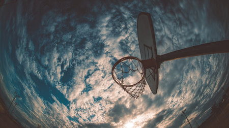 A captivating view of a basketball hoop silhouetted against a vibrant sunset sky filled with dramatic clouds. This image conveys the spirit of outdoor sports and community.の素材