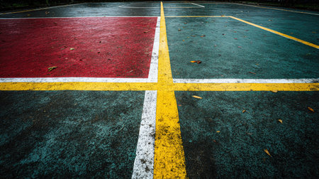 This image captures a wet basketball court featuring vibrant markings in red and yellow, creating a striking contrast against the green surface after rain.の素材