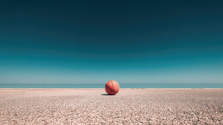 A vibrant basketball rests on a sandy beach, surrounded by a serene ocean under a clear blue sky, capturing the essence of leisure and nature's beauty.の素材