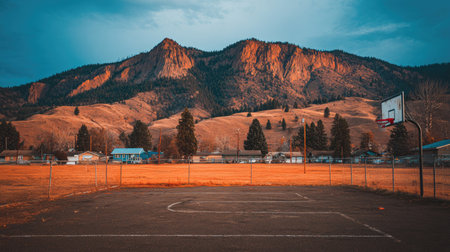 A tranquil basketball court sits empty, framed by stunning mountains and a vibrant sky. This serene landscape blends sports and nature, inviting peace and reflection.の素材