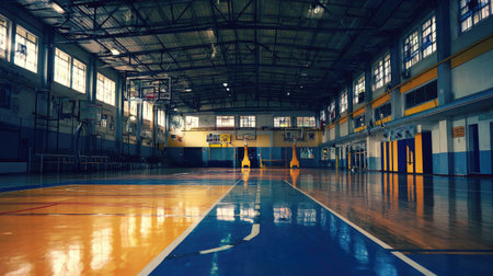 A spacious indoor basketball gym featuring a polished wooden floor and ample natural light from large windows, ideal for various sports and training activities.の素材