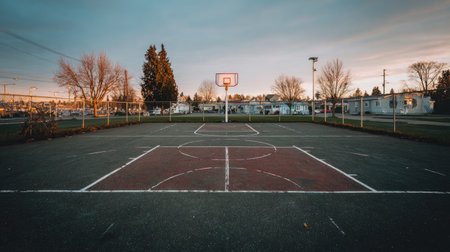 A captivating view of an empty basketball court at sunset, framed by trees and homes. The warm colors create a peaceful setting for reflection and recreation.の素材