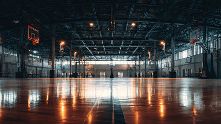 Expansive basketball gym features a polished wooden floor reflecting bright lights, providing a perfect setting for sports, training, and community activities.の素材